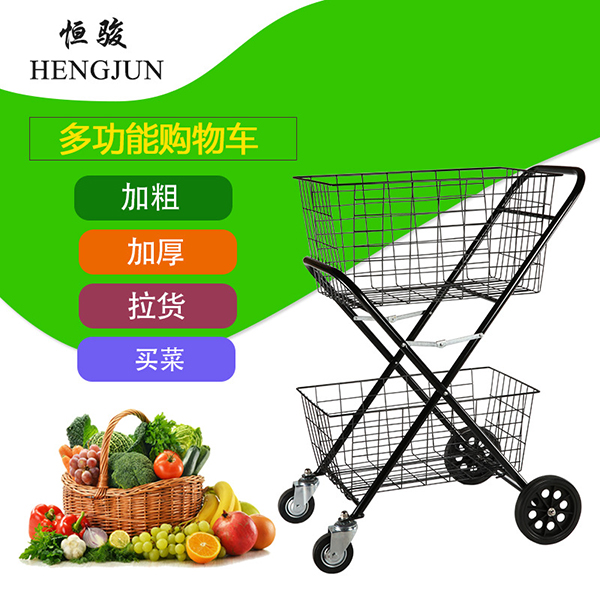 商場超市購物車, 便利店理貨手推車,大容量雙籃購物車廠家
