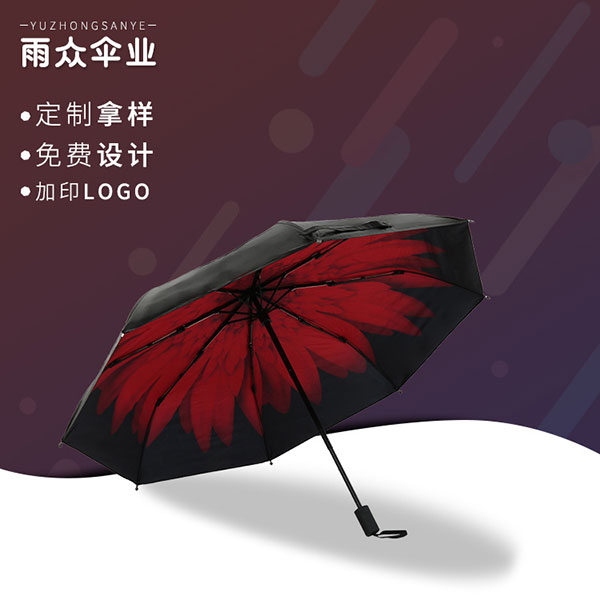 防風三折小黑傘,大紅菊印花防曬